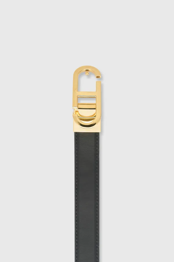 Leren Dames Riem Reversible Zwart Croco Goud Trophy Buckle