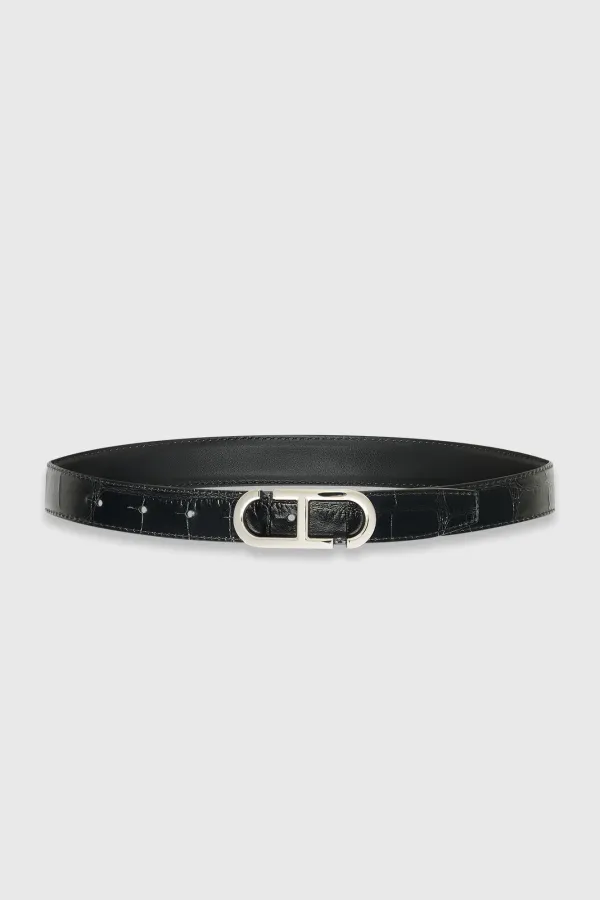 Leren Dames Riem Reversible Zwart Croco Zilver Trophy Buckle