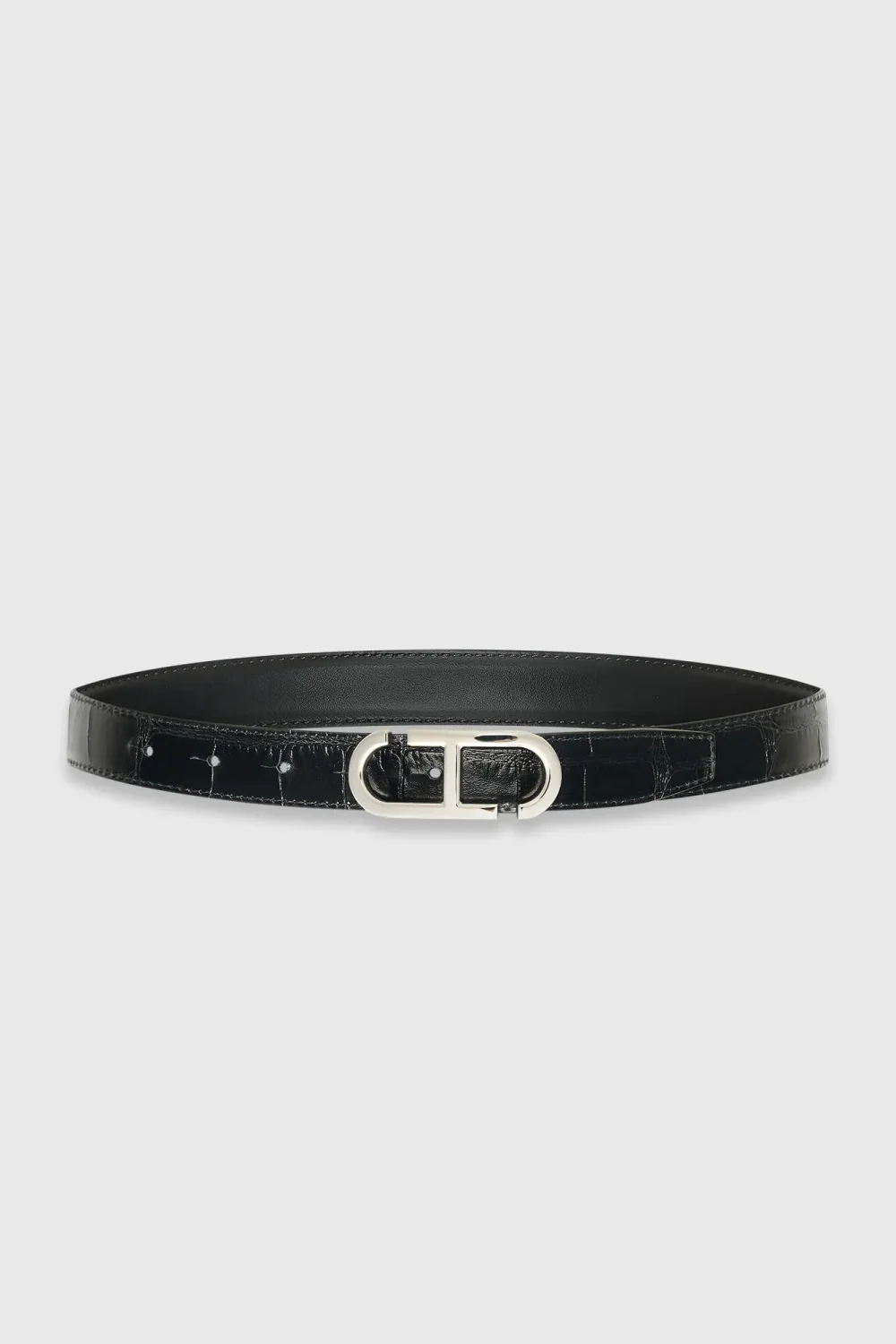 Leren Dames Riem Reversible Zwart Croco Zilver Trophy Buckle