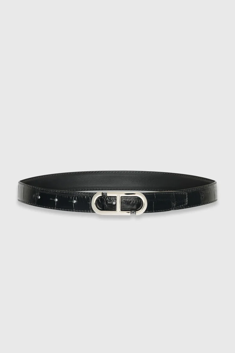 Leren Dames Riem Reversible Zwart Croco Zilver Trophy Buckle