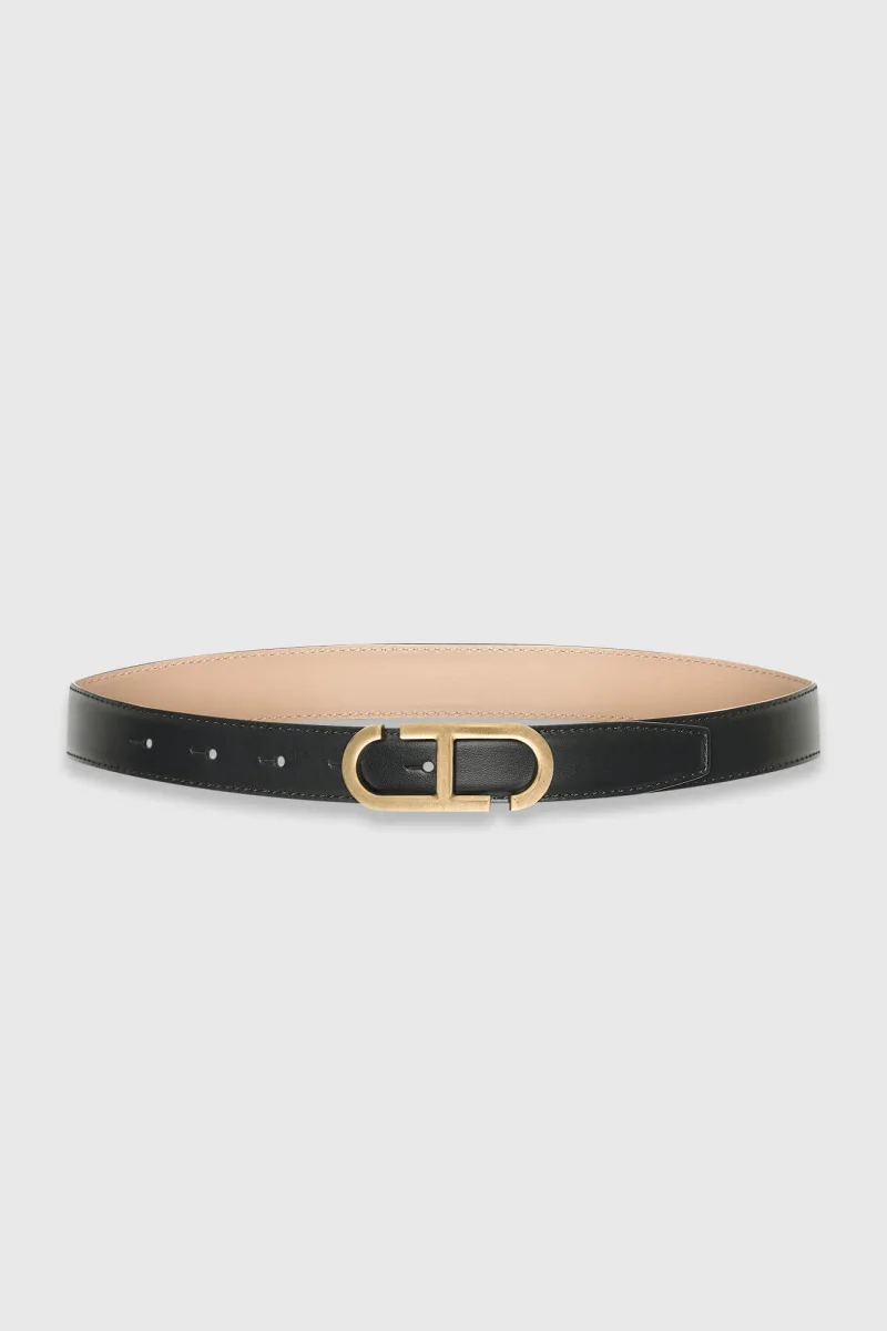 Leren Dames Riem Reversible Zwart Taupe Brass Trophy Buckle