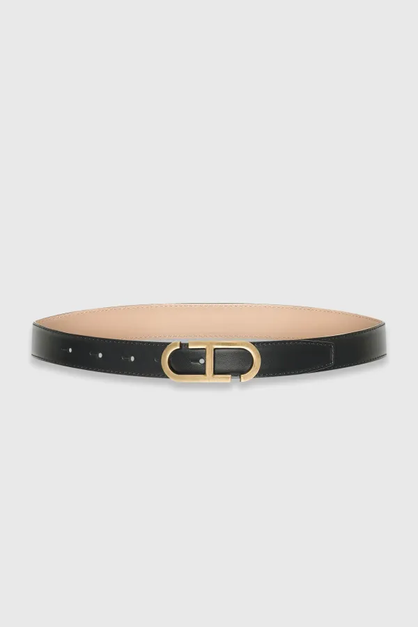 Leren Dames Riem Reversible Zwart Taupe Brass Trophy Buckle