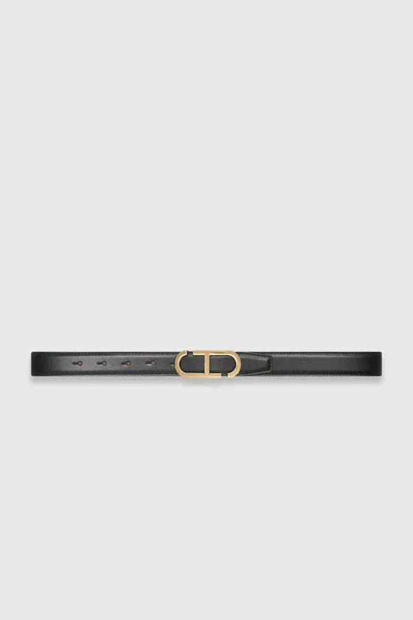 Leren Dames Riem Reversible Zwart Taupe Brass Trophy Buckle