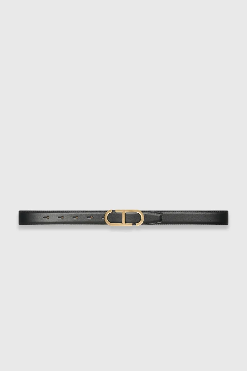 Leren Dames Riem Reversible Zwart Taupe Brass Trophy Buckle