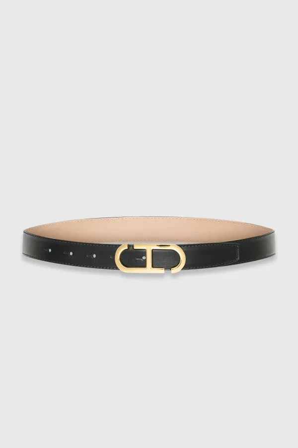 Leren Dames Riem Reversible Zwart Taupe Goud Trophy Buckle