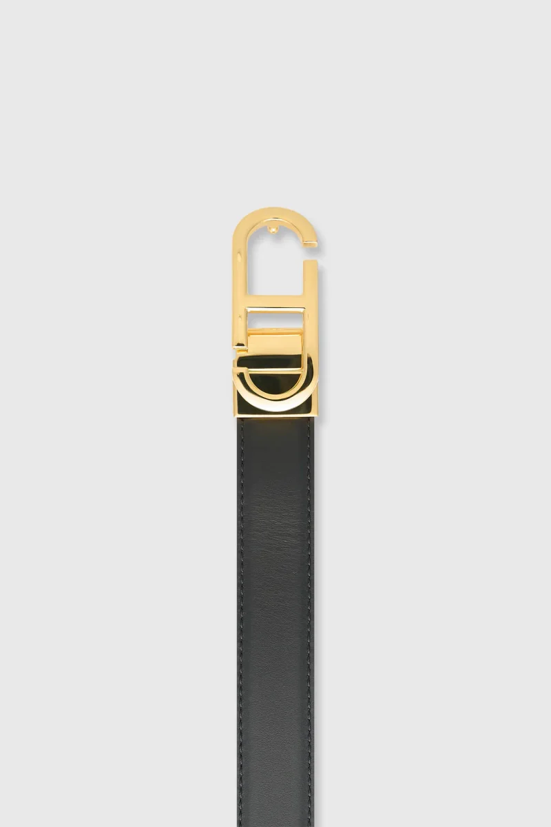 Leren Dames Riem Reversible Zwart Taupe Goud Trophy Buckle