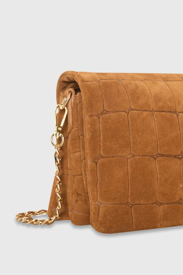 Leren Suede Schoudertas Tas Camel Croco Skylar