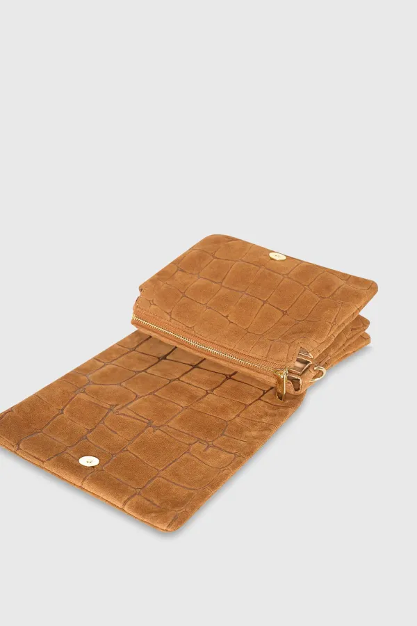 Leren Suede Schoudertas Tas Camel Croco Skylar