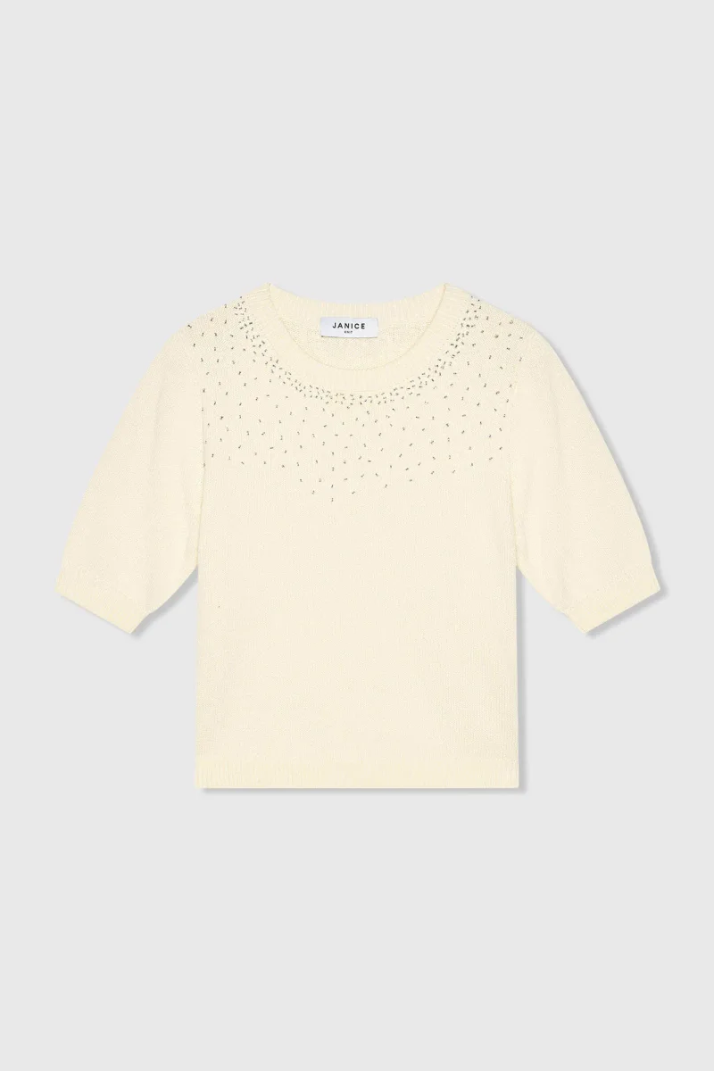 Off White Katoenen Dames Truitje Met Steentjes Barret