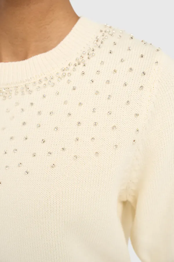 Off White Katoenen Dames Truitje Met Steentjes Barret