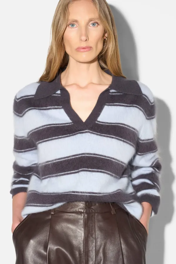 Polo Hals Dames Trui Merino Wol Cashmere Resort Blauw Strepen