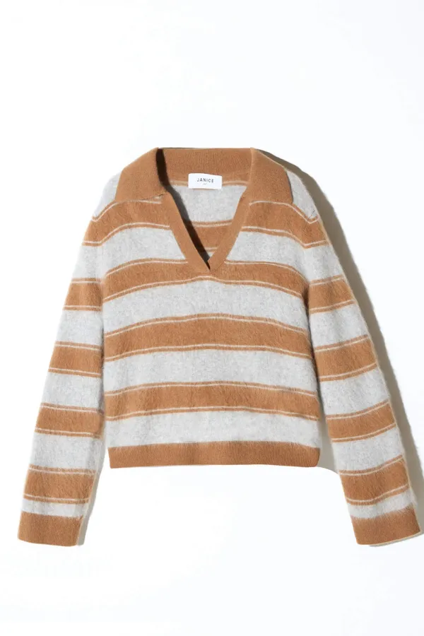 Polo Hals Dames Trui Merino Wol Cashmere Resort Camel Strepen