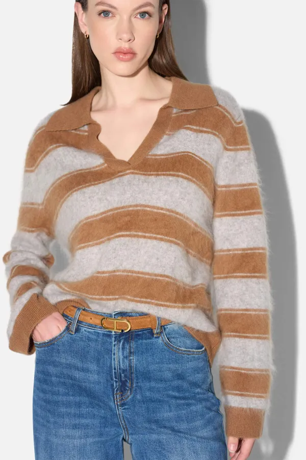 Polo Hals Dames Trui Merino Wol Cashmere Resort Camel Strepen