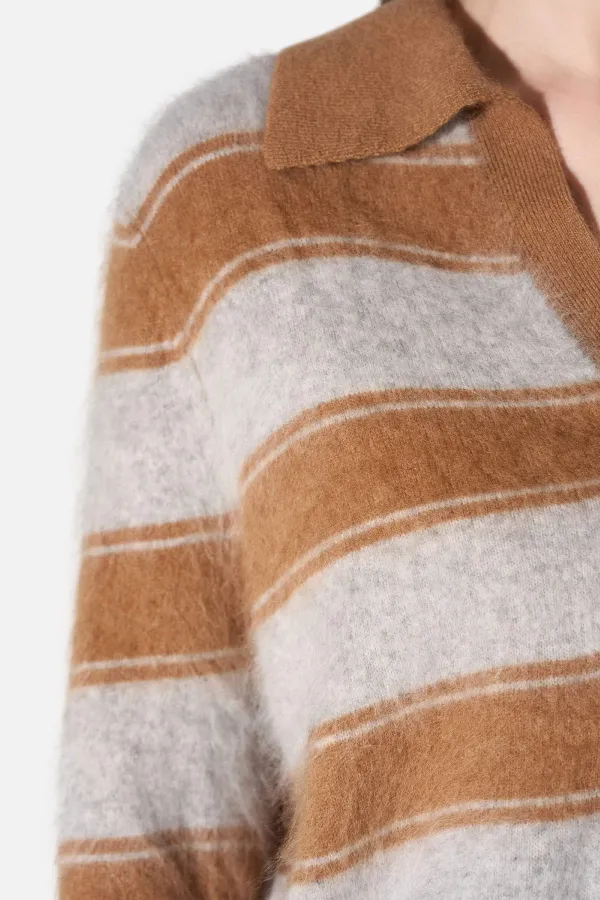 Polo Hals Dames Trui Merino Wol Cashmere Resort Camel Strepen