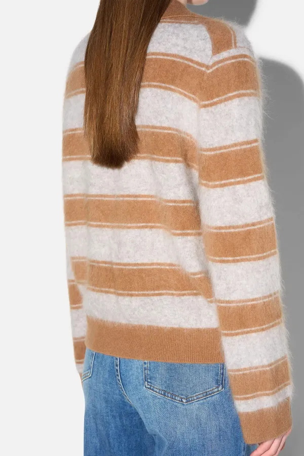 Polo Hals Dames Trui Merino Wol Cashmere Resort Camel Strepen