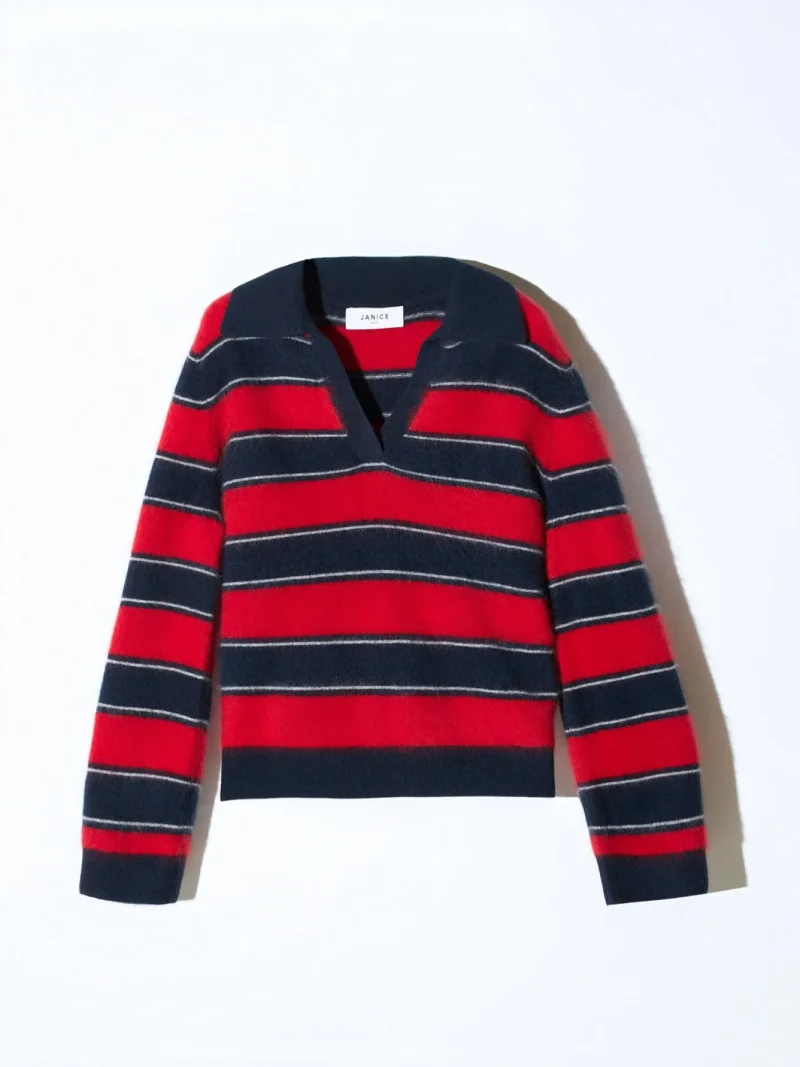 Polo Hals Dames Trui Merino Wol Cashmere Resort Rood Strepen