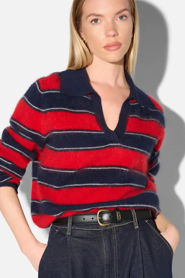 Polo Hals Dames Trui Merino Wol Cashmere Resort Rood Strepen