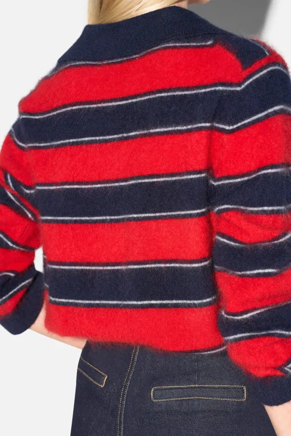 Polo Hals Dames Trui Merino Wol Cashmere Resort Rood Strepen