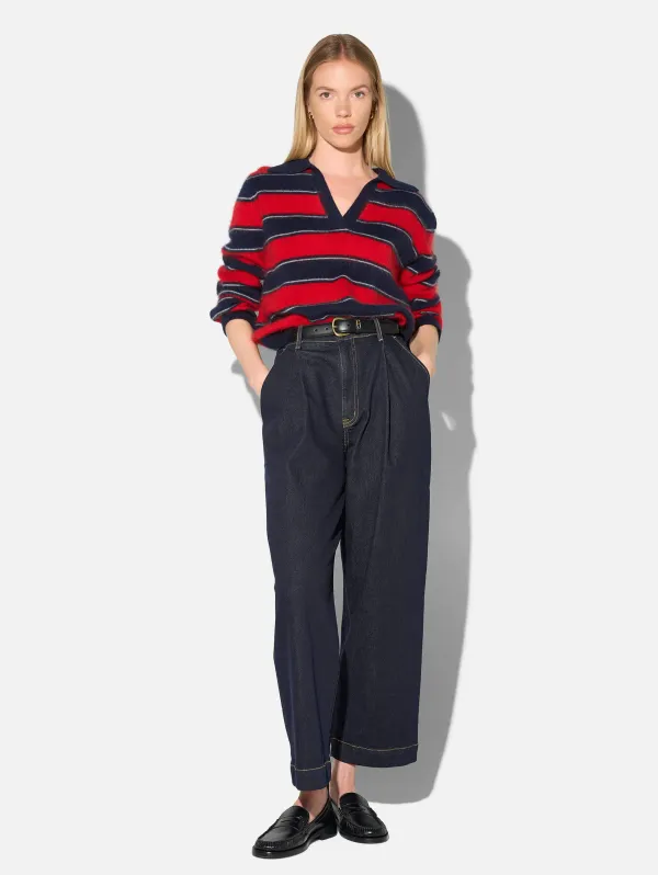 Polo Hals Dames Trui Merino Wol Cashmere Resort Rood Strepen