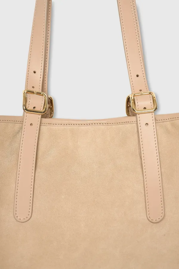 Suede Leren Dames Handtas Shopper Harper Beige