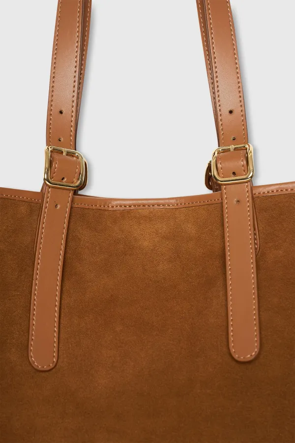 Suede Leren Dames Handtas Shopper Harper Camel