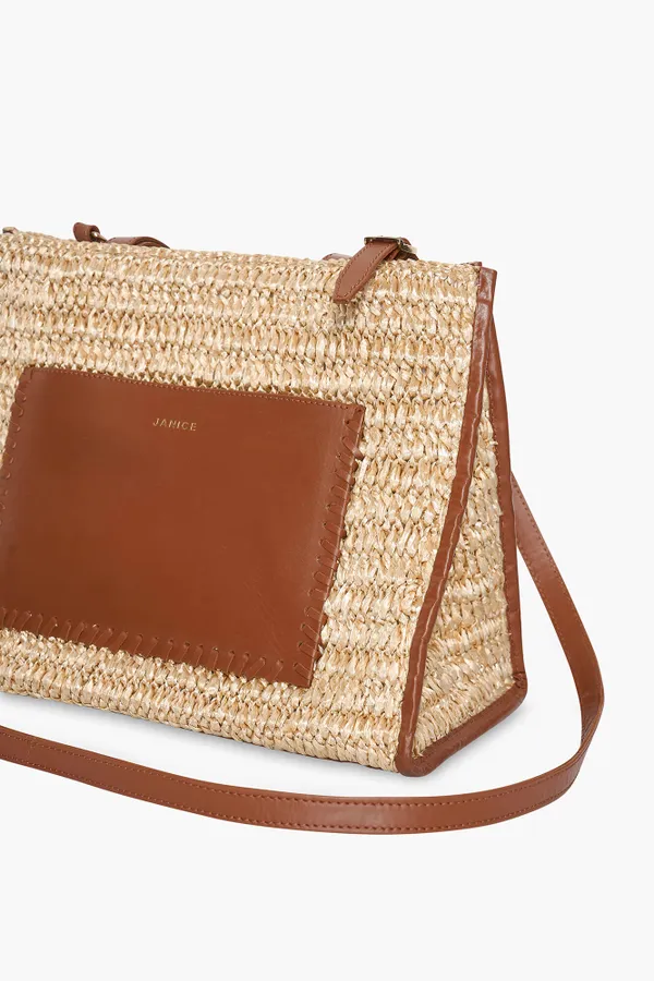 Tas Raffia Leer Leo Naturel Beige Medium