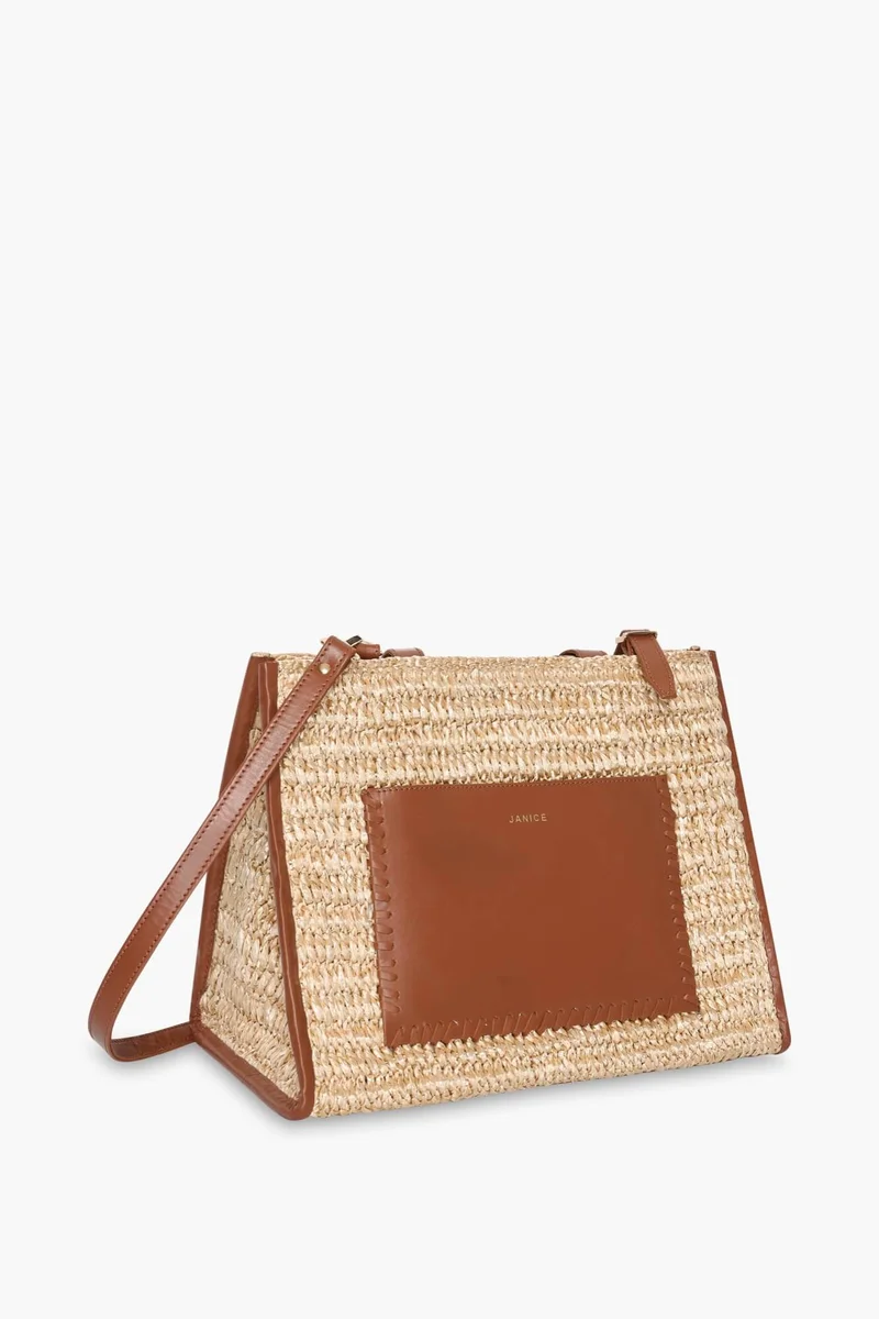 Tas Raffia Leer Leo Naturel Beige Medium