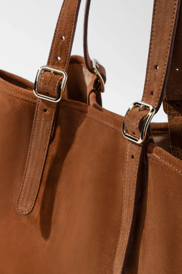 Suede Leren Dames Handtas Shopper Harper Cognac