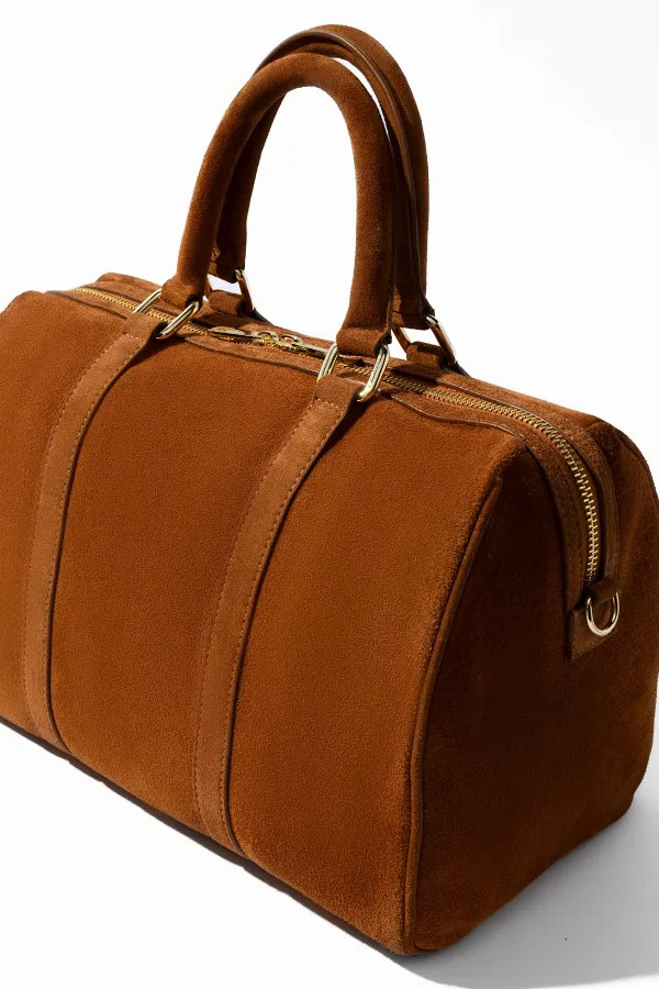 Leren Dames Tas Bowling Bag Suede Wade Cognac