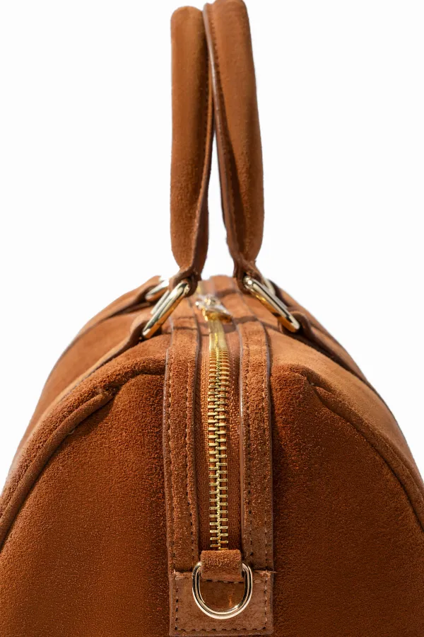 Leren Dames Tas Bowling Bag Suede Wade Cognac