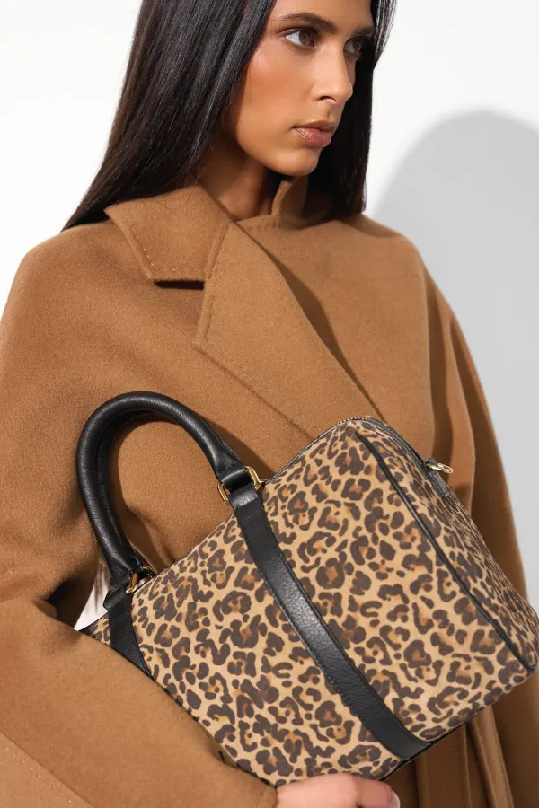Leren Dames Tas Bowling Bag Suede Wade Panterprint