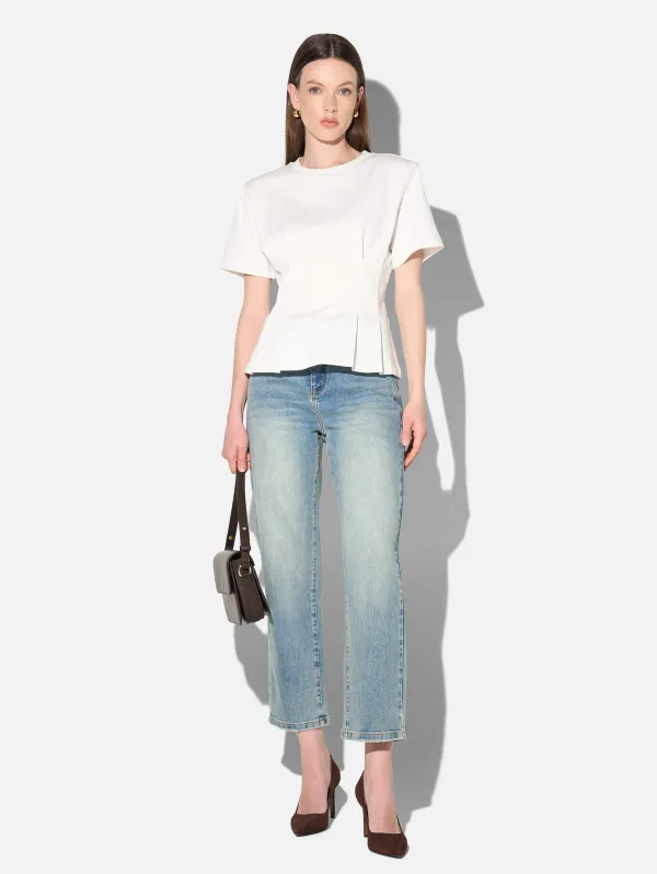 Wit Katoenen Dames Shirt Plooien Taille Keon