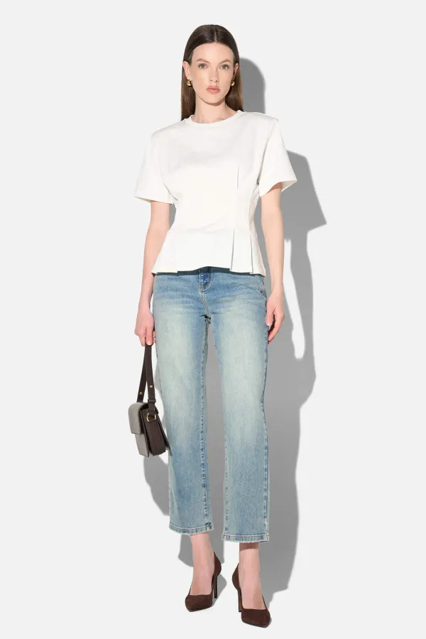 Wit Katoenen Dames Shirt Plooien Taille Keon