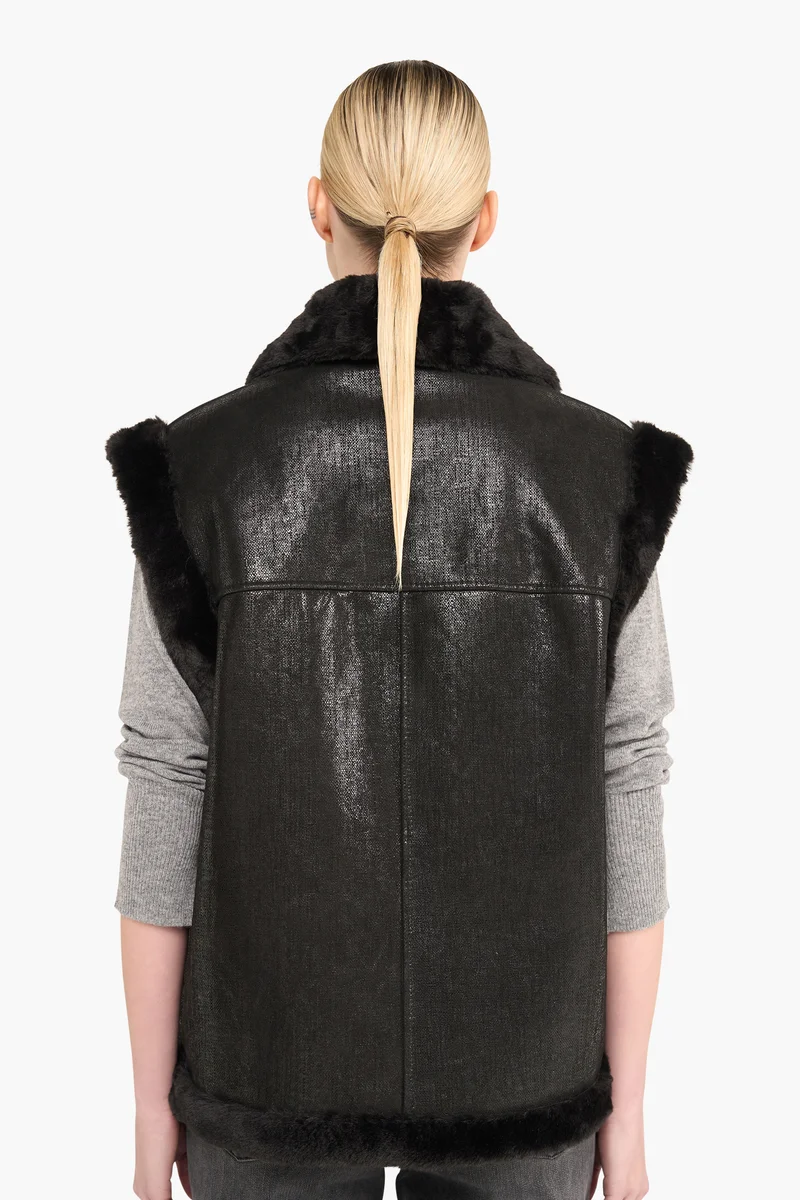 Leren Dames Vest Justin Zwart Metallic Bont
